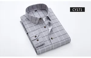 Detailed close-up view of a folded grey plaid long-sleeved slim fit shirt for men.
