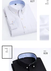 Close-up detail of men's casual Oxford long-sleeve shirt with striped collar lining