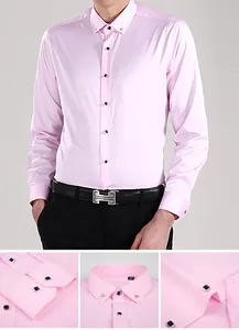 Vues détaillées d'une chemise rose cintrée pour homme avec des boutons carrés raffinés