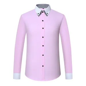 Premium pink men's long-sleeved shirt featuring a stylish double-layered button-down collar
