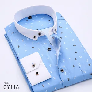 Men's Slim Fit Printed Long Sleeve Shirt Fashion Casual Grid Anchor Pattern Square Collar Polyester Breathable Top