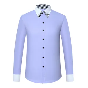 Light blue long-sleeved shirt with double layer checkered button-down collar for men