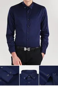 Détails d'une chemise business bleu marine à manches longues et boutons métalliques
