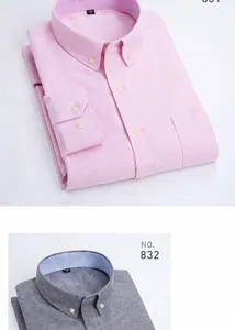 Close-up detail of pink and gray long-sleeved Oxford shirts showing collar textures