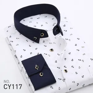 Men's slim fit long sleeve white shirt with anchor print and blue collar