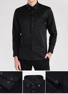 Détails rapprochés d'une chemise noire à manches longues pour hommes avec col boutonné