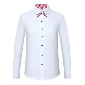 Men's white long-sleeve shirt with stylish red gingham double-layer button-down collar