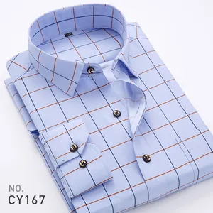 Premium men's light blue long sleeve shirt featuring a modern orange and navy grid pattern