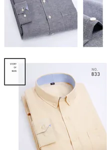 Close-up of yellow and gray Oxford shirts showing fabric texture and collar detail