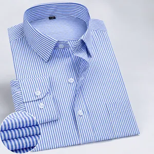 Chemise Rayée pour Hommes Business Décontracté Manches Longues Respirant Mélange Coton Polyester Chemise pour Bureau Travail Top Ajusté