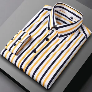 Chemise à manches longues pour hommes à rayures jaunes et bleu marine en tissu sans repassage