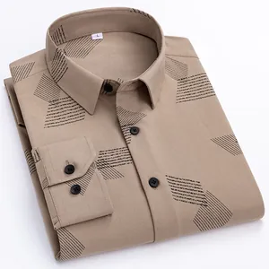 Men's khaki bamboo fiber long sleeve shirt featuring black abstract geometric patterns