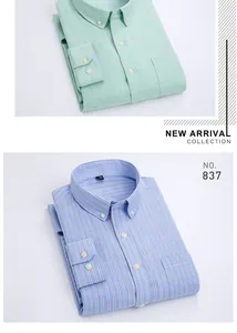 Detail view of men's Oxford cloth long-sleeved shirts in light green and blue stripes