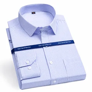 Classic light blue striped men's long-sleeve dress shirt for business casual wear