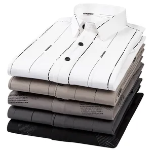 Stacked men's bamboo fiber long-sleeve shirts with vertical dashed print in five different colors