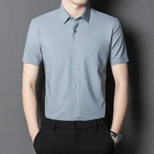 Professional men's light blue mulberry silk short sleeve shirt for business casual wear.