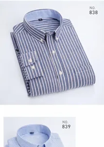 Close-up detail of men's Oxford striped long sleeve shirt with button-down collar