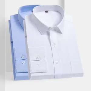 Chemise Homme Formelle Affaires Manches Longues Respirant Mélange Coton Sergé Col Italien Coupe Ajustée Sans Repassage Couleur Unie