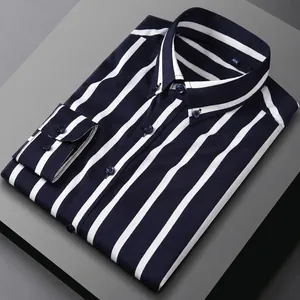 Chemise homme à rayures bleu marine et blanc, manches longues et sans repassage