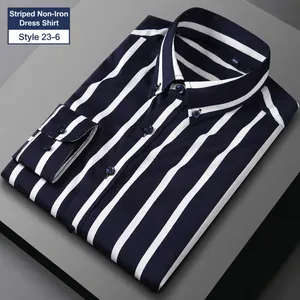 Premium men's navy blue and white striped long-sleeved non-iron business casual shirt