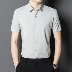Premium grey short-sleeve mulberry silk shirt for men in professional business casual style