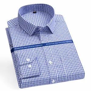 Chemise habillée classique à manches longues à carreaux bleus et blancs pour hommes