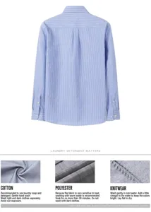 Detailed fabric and care instructions for blue striped Oxford long sleeve shirt