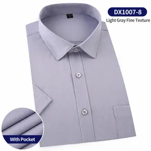 Men's professional short-sleeved business shirt with grey fine pattern and chest pocket
