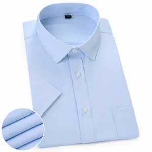 Classic light blue short-sleeved business dress shirt for men with pocket detail