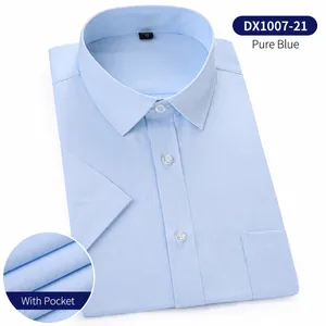Classic light blue short-sleeved business dress shirt for men with pocket detail