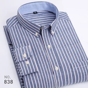 Men's casual blue and white striped Oxford cloth long sleeve button-down dress shirt