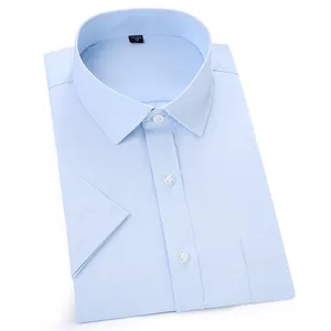 Light blue men's business short-sleeved shirt featuring classic collar and chest pocket