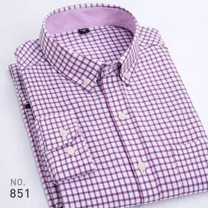 Folded men's purple and white checkered Oxford long-sleeve button-down dress shirt