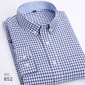 Men's classic blue and white checkered Oxford long-sleeve casual shirt