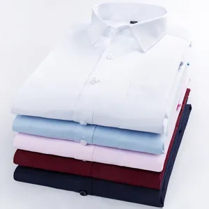 Men Business Formal Long Sleeve Dress Shirt Easy Care Solid Color Cotton Blend Button Down Shirt For Office Work Interview