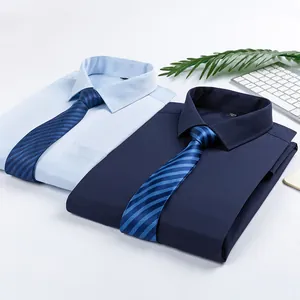 Professional men's business long-sleeved shirts in light and dark blue with striped ties