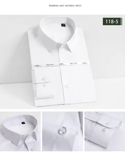 Vistas detalladas de camisa blanca de fibra de bambú con cuello, botones y puños.