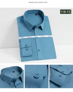 Detalles de primer plano de camisa de fibra de bambú antiarrugas para hombre.