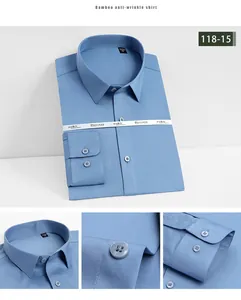 Detalles que muestran la textura fina y las costuras de calidad de la camisa de bambú azul.