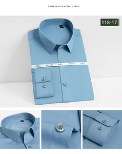 Vista detallada de una camisa de manga larga para hombre de fibra de bambú azul claro