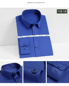 Vistas detalladas del cuello y los puños de la camisa de fibra de bambú azul