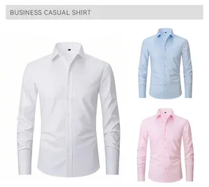 Professional men's business casual long-sleeved shirts in white, light blue, and pink colors