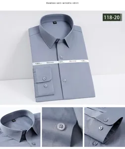 Camisa de fibra de bambú para hombre en gris azulado, sin plancha, corte ajustado.