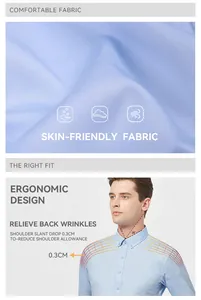 Detailed view of breathable blue fabric and ergonomic shoulder fit for men's stretch shirt