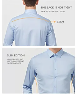 Detail view of a slim-fit light blue non-iron business shirt with ergonomic cutting.