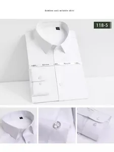 Camisa de hombre en fibra de bambú blanca, sin plancha y de manga larga de alta calidad.