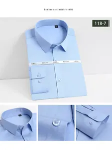 Camisa de hombre de manga larga en fibra de bambú azul claro, sin plancha y casual business