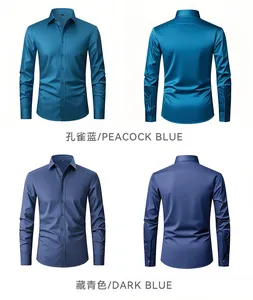 Men's non-iron stretch dress shirt in peacock blue and dark blue, front and back detail views.