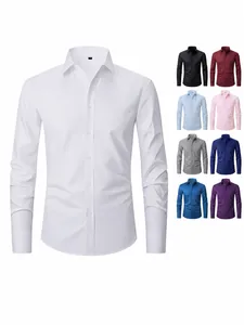 Men's Business Formal Shirt Four-Way Stretch Non-Iron Wrinkle Resistant Long Sleeve Solid Color Slim Fit Professional Office Work Top