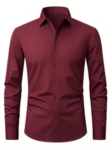 Professional men's burgundy four-way stretch wrinkle-free business dress shirt in slim fit